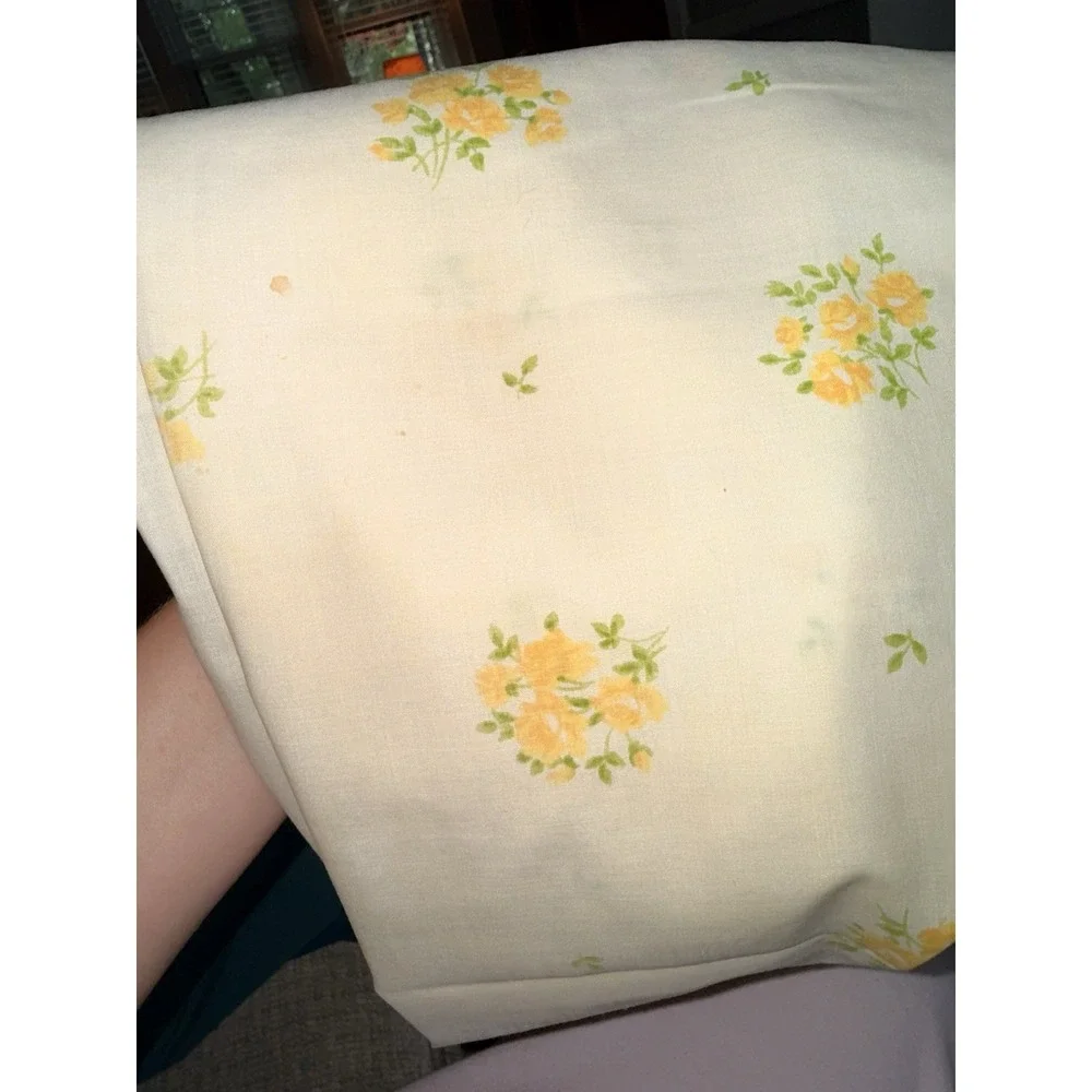 Vtg 70s Lady Pepperell Full Flat Sheet  Pillowcases Yellow Rose Lace Trim Fabric
